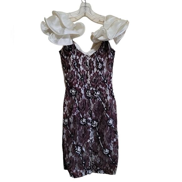 Midnight Glo Black Brown Cream Lace Aline Bodycon Dress W Ruffle Sleeve Sz 6 - Picture 6 of 8